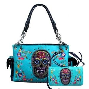 Women Turquoise Western Premium Concealed Skull Embroidery Handbag Set